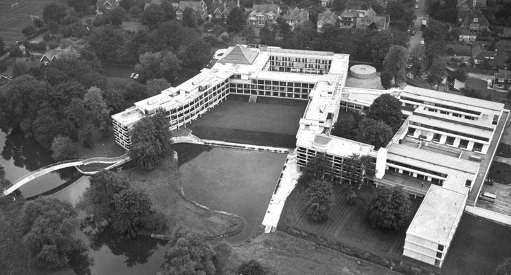 An aerial view of Wolfson College